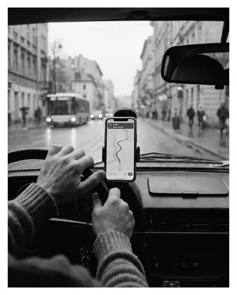 Smartphone showing a navigation map mounted on a car dashboard