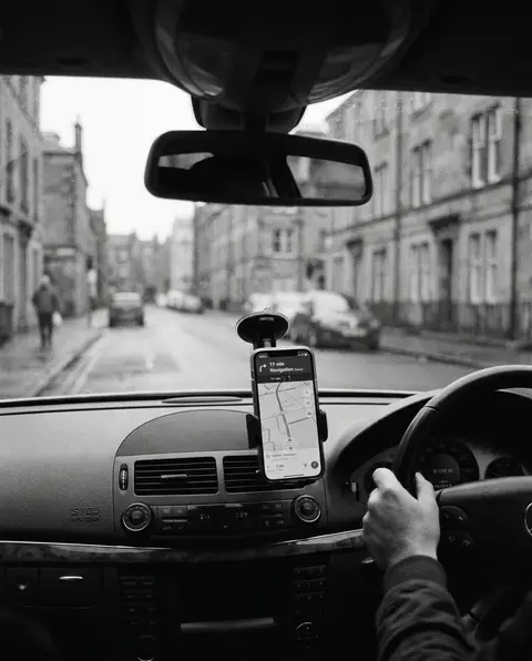 Rideshare driver's view of a city street through the windshield