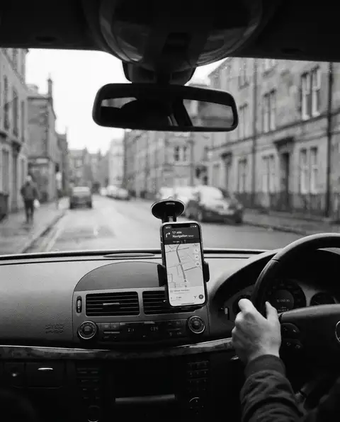 Rideshare driver's view of a city street through the windshield